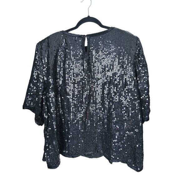 Vintage Silk Leaf Sequin Blouse 2X Black & Gold Holiday Glam 80s Retro MobWife - Picture 3 of 6